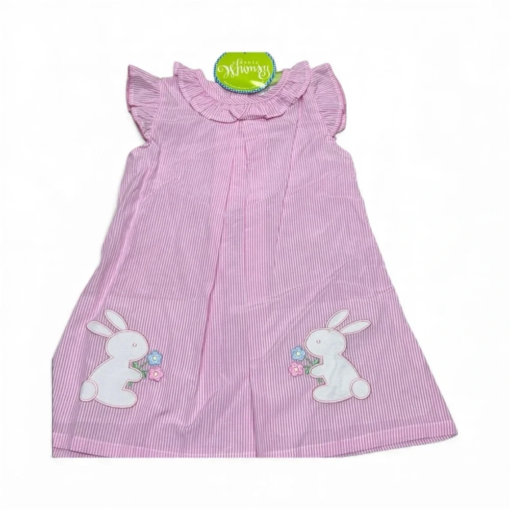 Classic Whimsy Pink Striped Dress with Bunny Appliques - Picture 1 of 4